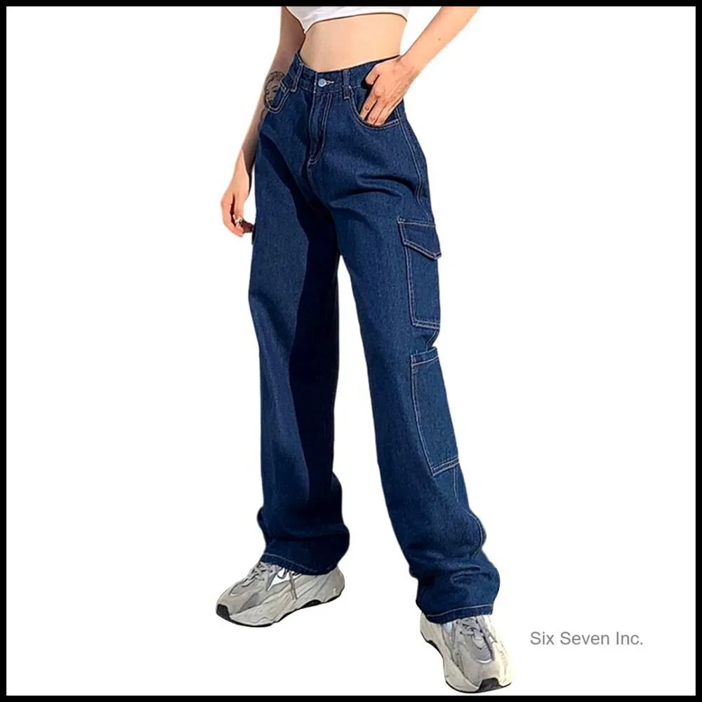 High Waisted Cargo Jeans Y2K Straight Wide Leg Baggy Denim Pants